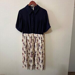 ModCloth Adored Duet Pleated Floral Short Sleeve Collared A Line Dress SZ M